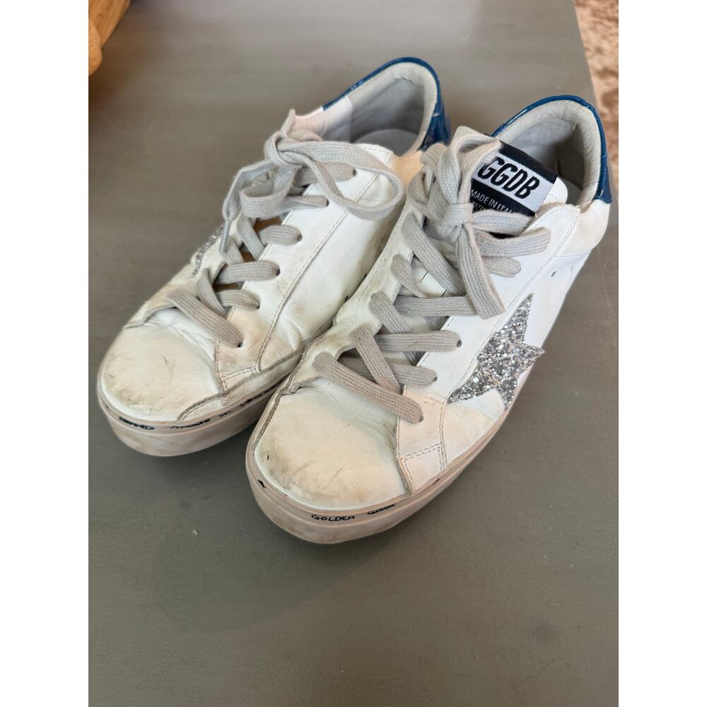 Golden Goose Hi Star Sneakers Womens EU 38 White Leather Glitter Star Blue Heel - Picture 2 of 15